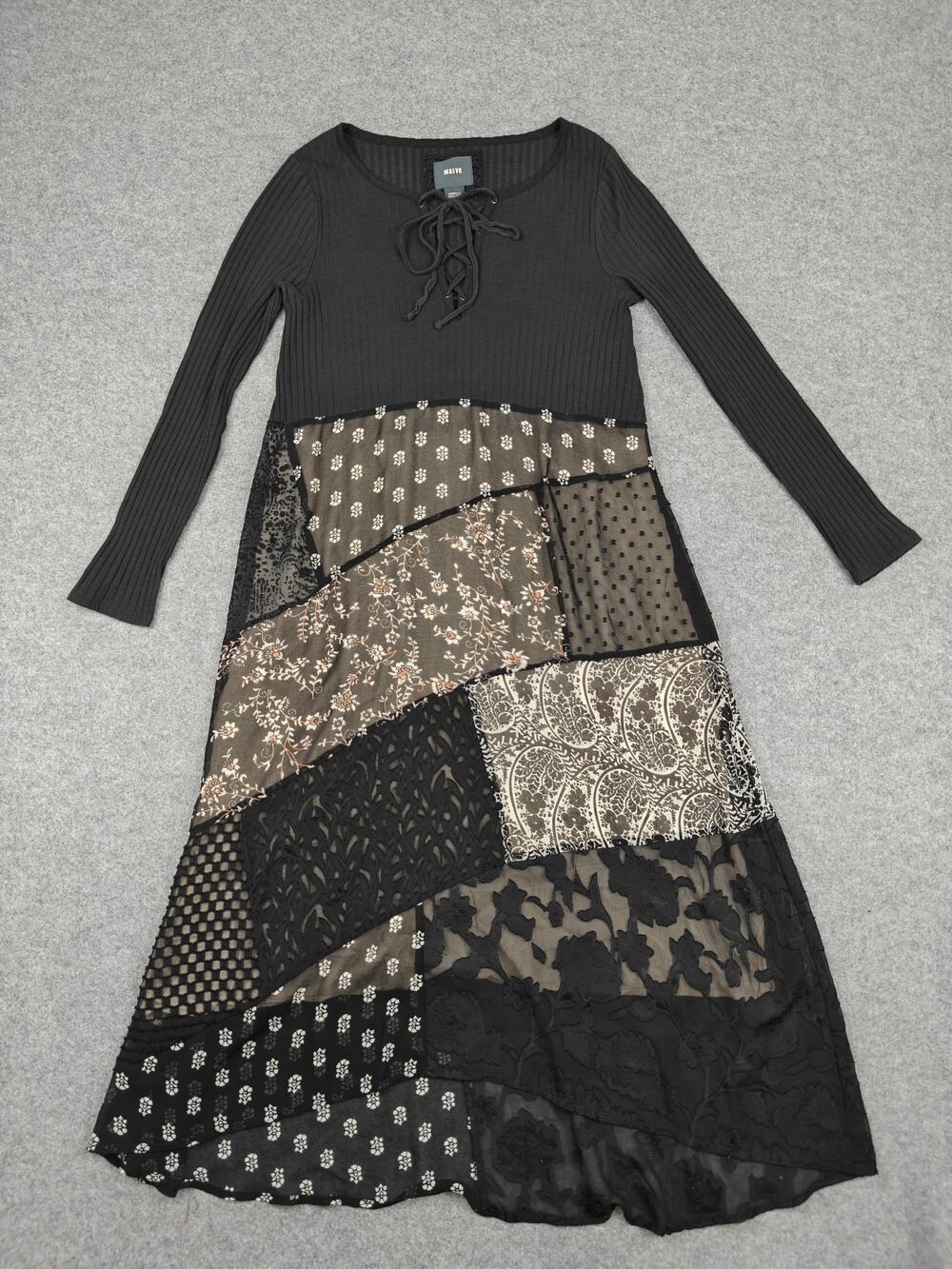 Maeve Dress Womens XS Black Patchwork Maxi Boho Long Sleeve Anthropologie Lace